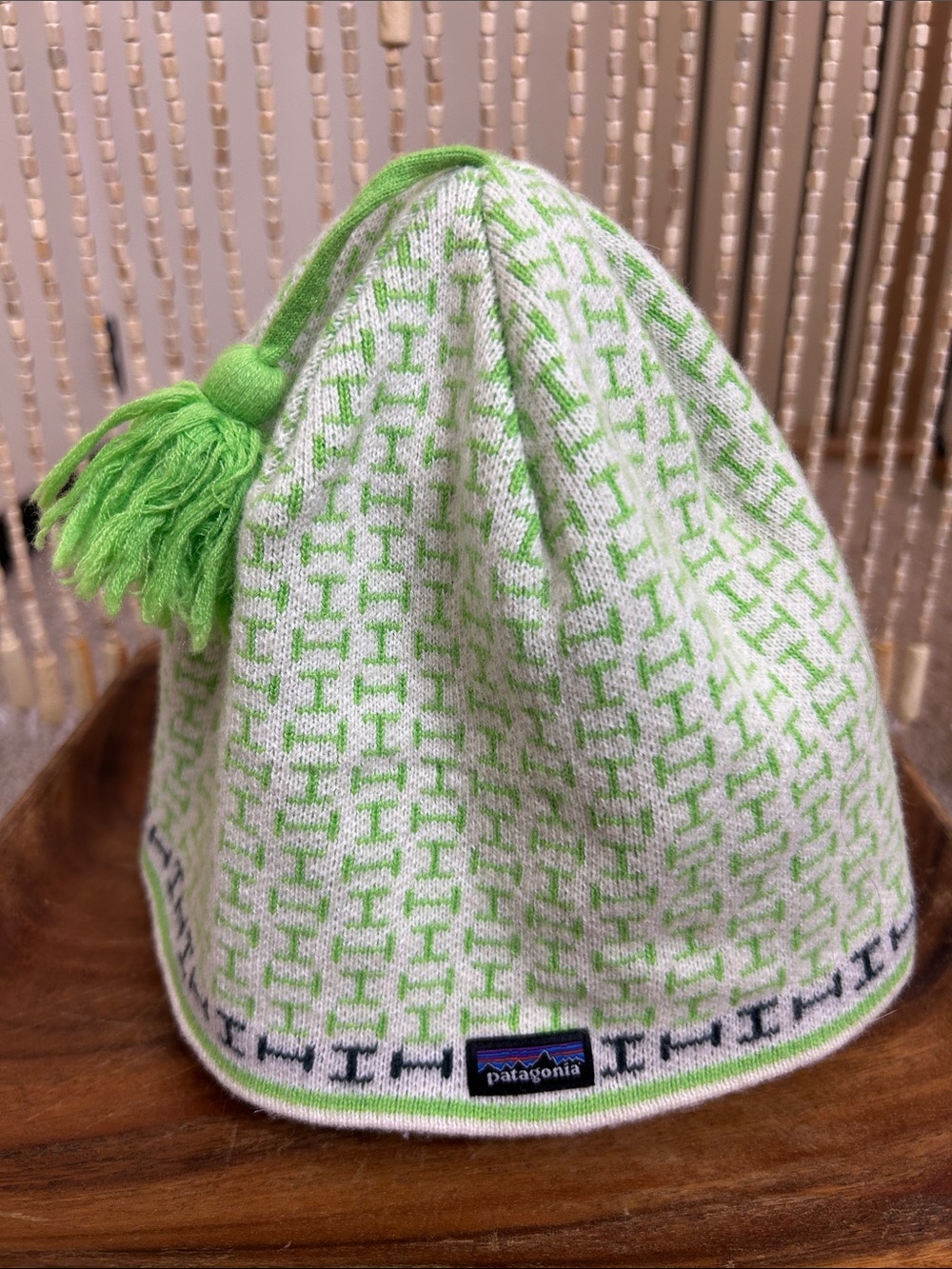 Patagonia Powder Town Light Green and White Knit Tassel Beanie